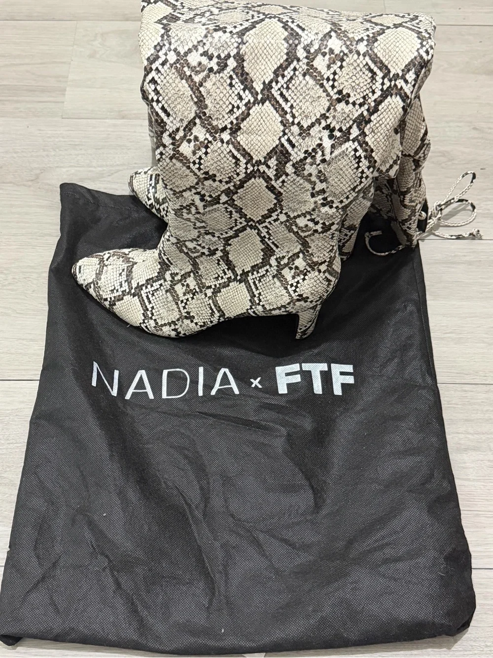 Fashion to Figure Over-the-Knee Snake-Print Boots in Cream and Brown